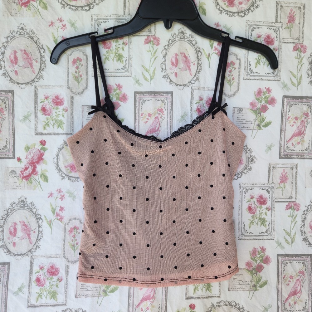 Y2K Pink Polka Dot Lace Camisole Crop Top Size S Cute Mesh Bow Detail Cami